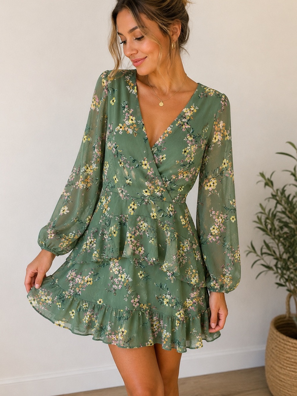 Leith Sage Green Floral Ruffle Mini Dress Romantic Cottagecore Boho Sz M